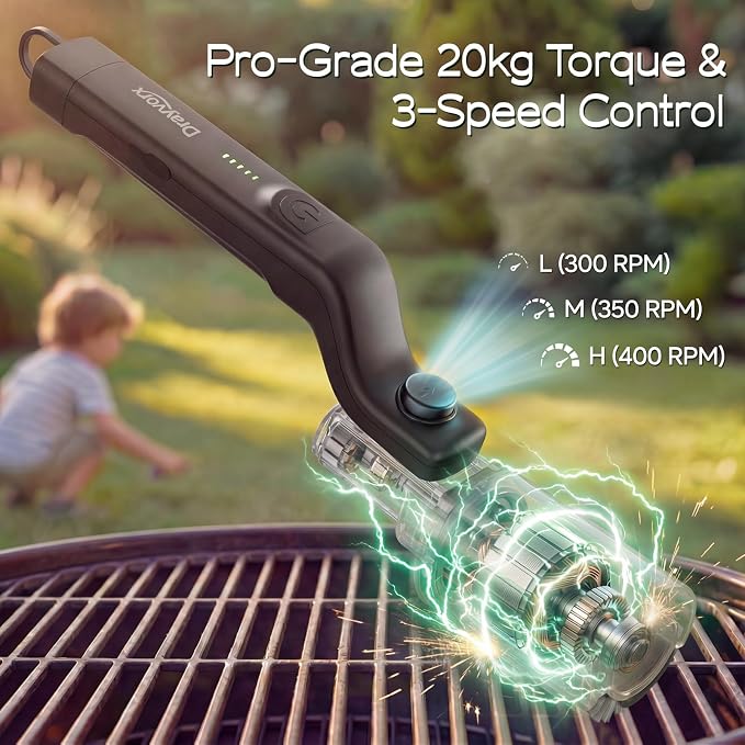 Electric Grill Brush, High Torque Grill Brush with 3-Speed Modes | 20kg Max Torque BBQ Cleaner Safe for Porcelain Cast Iron Stainless Steel, Reinforced Steel Bristles, Type-C Rechargeable