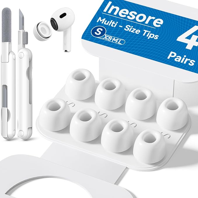 Inesore 4 Pairs Replacement Ear Tips for AirPods Pro 2nd/1st (Small-White) | with Noise Reduction Hole & Built-in dust Guard Screen,Silicone,with Portable Storage Box & Cleaner Pen(Small-white)