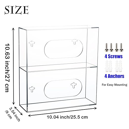 Double Glove Box Holder Wall Mount, Side-Load Acrylic Glove Dispenser - Clear Medical Storage Organizer for Lab, Hospital, Kitchen,- 10 x 3.54 x 10.6 IN - Quick Access & Easy Refill