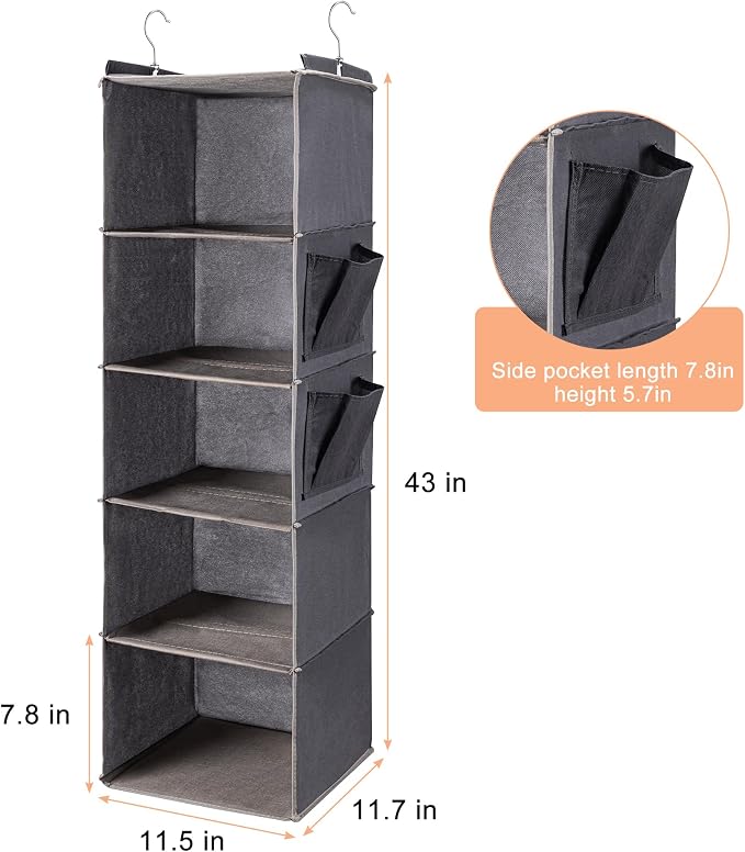 BOOMIBOO Hanging Closet Organize and Shelves，5-Hanging Shelf with 2 Side Pockets，Storage Foldable （Grey） | Dorm Room Essentials, Clothes Organizer with 2 Side Pockets, Hanging Shelves for Closet Storage, Breathable Fabric