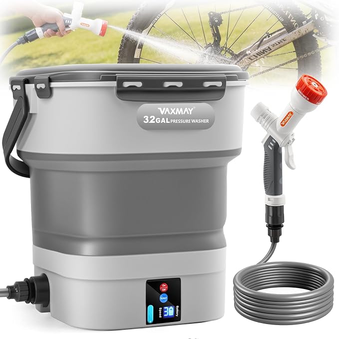 VAXMAY Portable Cordless Pressure Washer with 3.2 Gal Tank, Foldable Power Washer with 250PSI, 1.35GPM, 5 in 1 Nozzle, 3 Modes, 3H Runtime,16.4FT Hose, Portable Spray Washer for Car, Camping, Garden