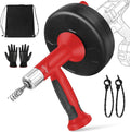 XJX Drain Auger, Plumbing Snake with Drill Adapter, 25FT Flexible Steel Drain Clog Remover, Manual or Powered for Kitchen, Bathroom & Shower Sink, with Gloves and Storage Bag Red