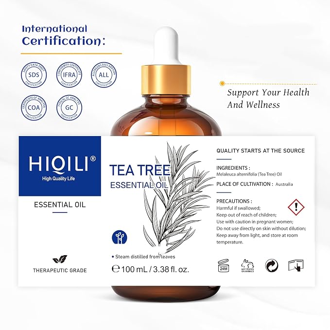 HIQILI Tea Tree Oil, for Nail & Foot Care, Skin Clarifying, Scalp & Hair | Aromatherapy, DIY Soap Making, Mix with Carrier Oil, Shampoo, Face Cream or Foot Soak -100ml/3.38 fl oz