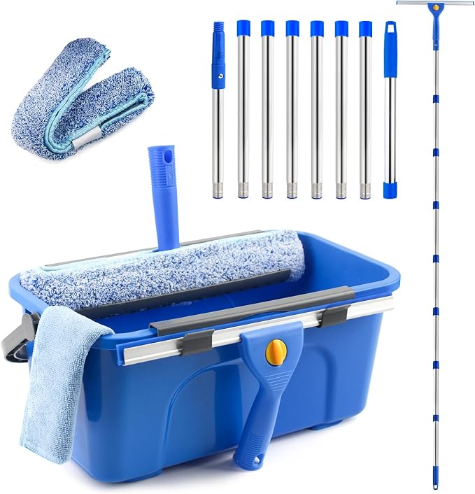 10Ft Professional Window Cleaning Kit with Bucket for Home & Commercial | 120" High Window Squeegee, Microfiber Scrubber, 3 Gal Bucket, Window Cleaning Equipment Washing Kit, Cleaner Tool for Outdoor