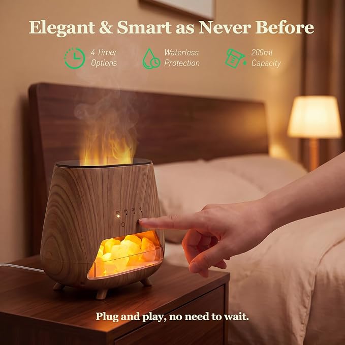 Essential Oil Diffuser for Home: 𝟒-𝐢𝐧-𝟏 Himalayan 𝐒𝐚𝐥𝐭 Lamp | Aromatherapy Diffuser with 𝟗-𝐂𝐨𝐥𝐨𝐫 Flame LED - 200ml Cool Mist Humidifier - Auto Off for Bedroom, Office & Yoga