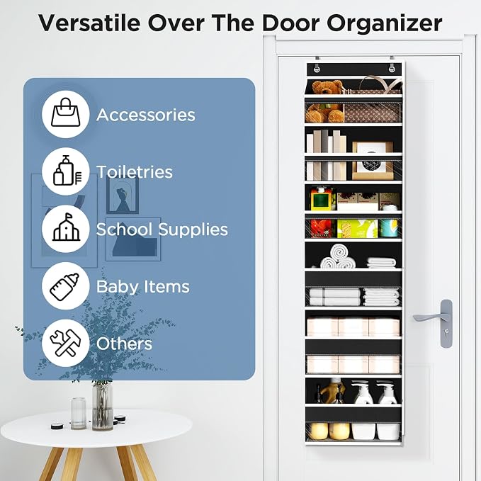 6 Tiers Over The Door Organizer, Behind The Door Storage Hanging Shelves | Heavy Duty Hanging Organizer Storage with Large Capacity Pockets for Closet Wall Bathroom Bedroom Nursery Pantry, 1 Black