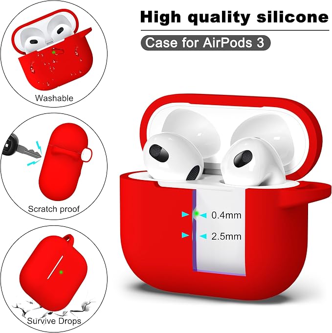 R-fun Compatible with AirPods 3 Case Cover, Silicone Protective Accessories Skin with Keychain Compatible with Apple AirPod 3rd Generation 2021 for Women Men Girls Boys,Front LED Visible,Red