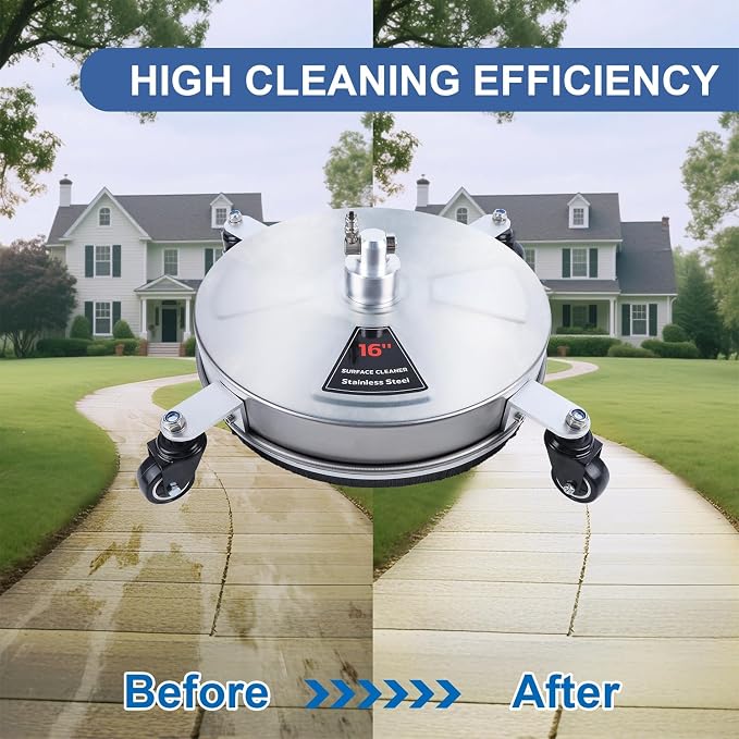 Biswing 16" Pressure Washer Stainless Steel Surface Cleaner with 4 Wheels & 1/4" Quick Connector, Power Washer Attachment with 2 Extension Wand, 2 Replacement Nozzles, 4000 PSI