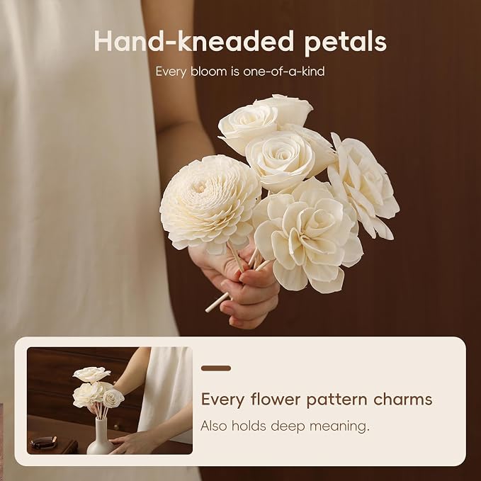 Flower Reed Diffuser Sola Wood Flowers Natural Material Aromatherapy Reed Decorative Aromatherapy Flower Refill Diffuser Reeds, 7Pcs Flower, 7Pcs Rope, 8 Pcs Diffuser Rattan (2-3.5 Inches, White)