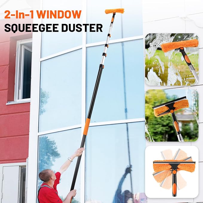 30ft High Reach Duster Kit with Extendable Pole,High Ceiling Duster Kit | Includes–Ceiling Fan Blade Cleaner, Cobweb Remover, Bendable Duster, Microfiber Glass Scrubber&Squeegee(Extension pole:5-24ft