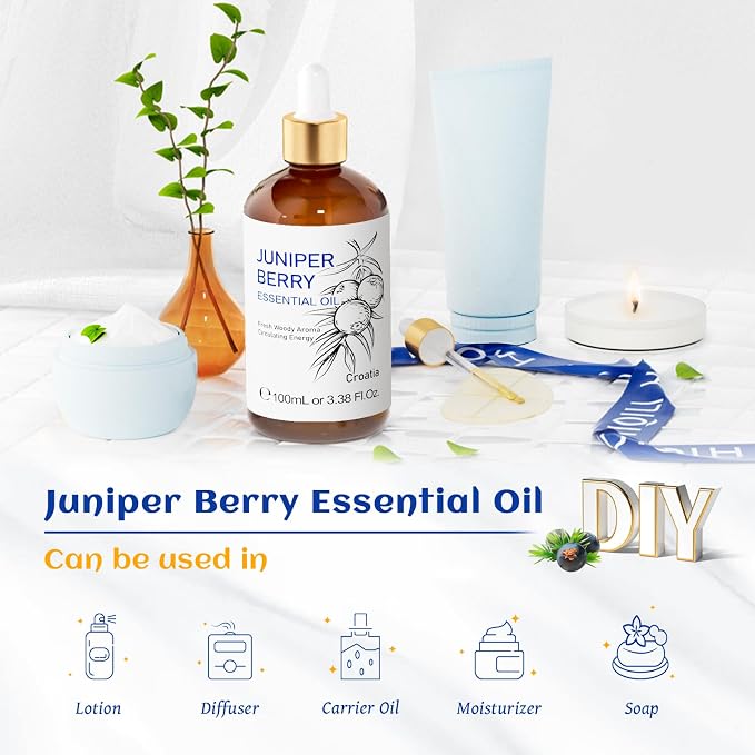 HIQILI Juniper Berry Essential Oil for Aromatherapy,Hair & Skin Care | Brings Long-Lasting Woody Aroma, Calming Relaxation, Versatile DIY & Full Space Odor Elimination -100ml / 3.38 fl oz