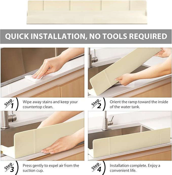 Full-Coverage Sink Splash Guard – 22.8 Inch Extra-High Ramp with Super Strong Suction Cups, Silicone Sink Splash Guard with Front-Edge Storage for Kitchen (White, 22.8''x4''x2.8'')