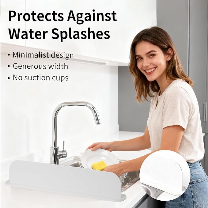 19.2inch(49cm) Silicone Sink Splash Guard, Sink Splash Guard with Suction Cup,Kitchen Sink Water Splash Guard, Kitchen Sink Splash Guard that Can Be Placed Behind (1, White)