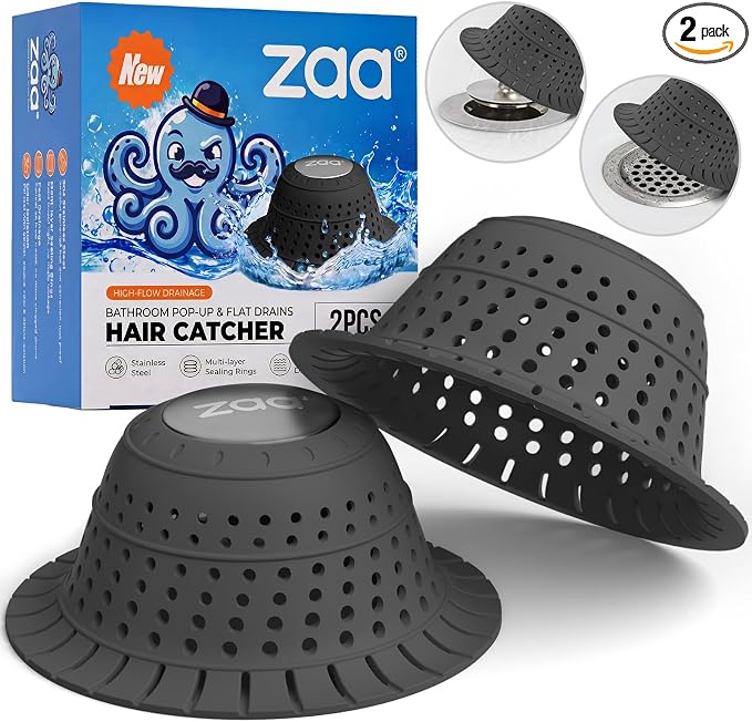 zaa Bathtub Drain Hair Catcher, Premium Silicone Collapsible 2 Pack Drain Protector for Pop-Up & Regular Drains of Shower, Bathtub, Tub, Bathroom, Sink, Black Black
