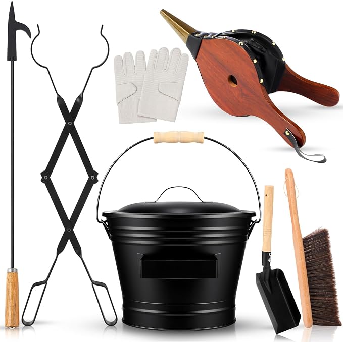 Patelai 7 Pcs Heavy Duty Fireplace Tool with 1.5gl Metal Ash Bucket with Lid Shovel Broom Wood Fire Pit Bellows 32" Long Fire Poker 26" Fireplace Tong, Glove(No Storage)