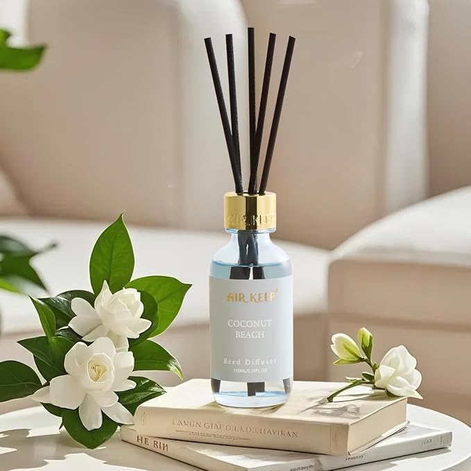 Reed Diffuser Set, 3.38 fl oz (100 ml) - Coconut Beach Oil Diffusers with 8 Reed Sticks, Home Fragrance Reed Diffuser for Bathroom Shelf Decor