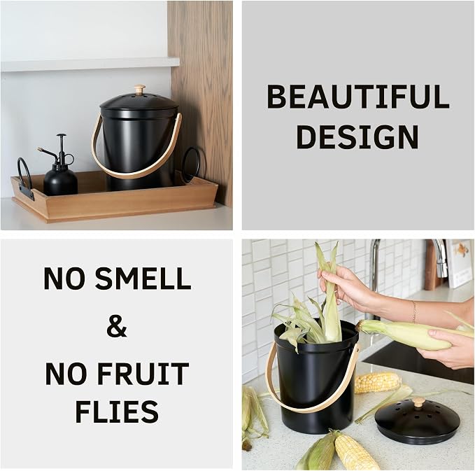 Beautiful Kitchen Compost Bin with Smell Proof Lid - Rust Proof and Odorless Compost Bucket for Your Countertop with No Smell Filters - Easy to Clean 1.1 Gallon Bin Looks Great On Any Kitchen Counter