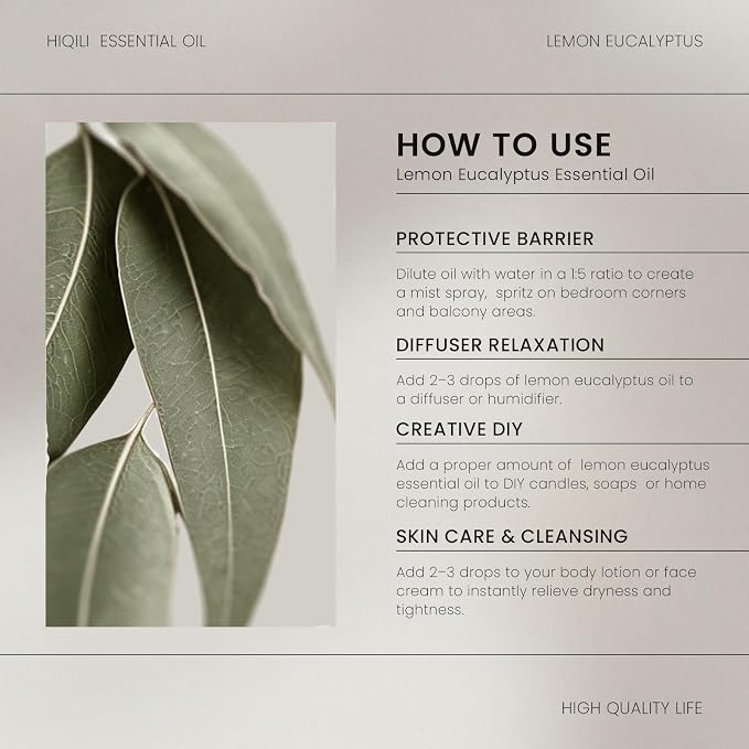 HIQILI Lemon Eucalyptus Essential Oil for Spray, Aromatherapy & Skin Care | Gentle Outdoor Space Protection, Vibrant Fresh Aroma, Multi-Scenario DIY & Home Air Refreshment -100ml / 3.38 fl oz