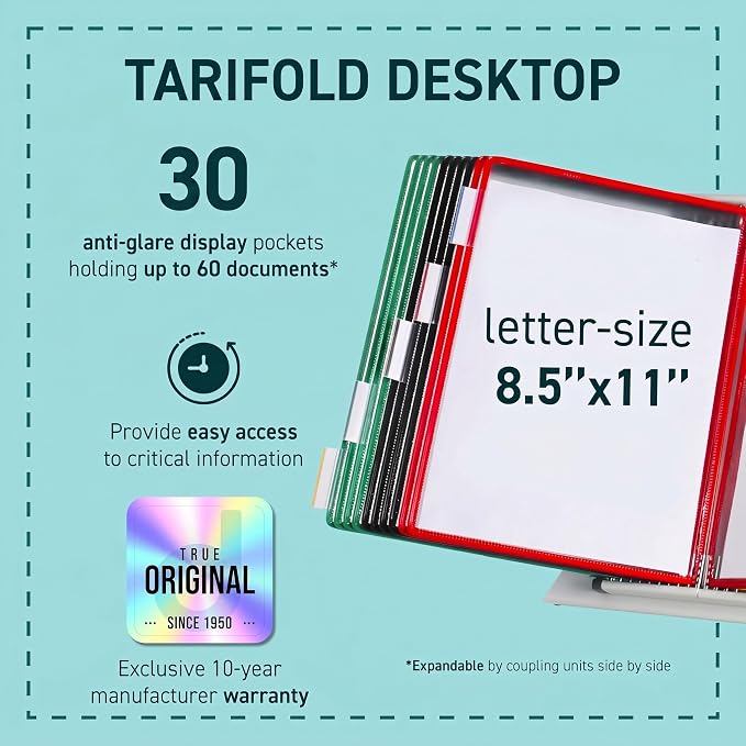 Tarifold Desktop Reference Display System, 30 Pockets, Expandable, Assorted | 30 double-sided PVC pockets, holds 60 letter-size sheets, sturdy metal base, quick-find indexing, quick and easy to assemble