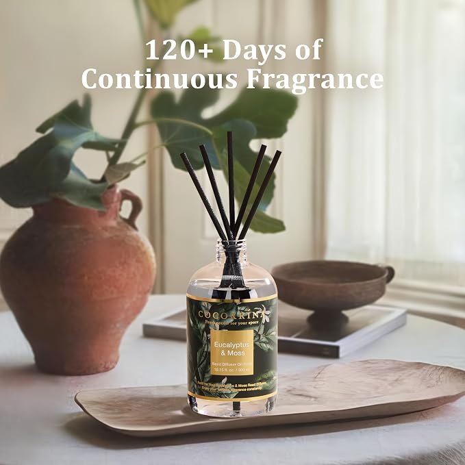 Reed Diffuser Refill Eucalyptus & Moss 10.14oz (300ml) with 8 Sticks - Premium Long-Lasting Floral Essential Oil, Home Fragrance for Bedroom, Bathroom Home Decor
