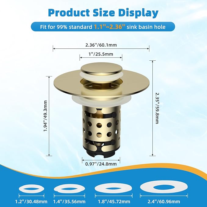 Universal Bathroom Sink Drain Stopper Hair Catcher, Brushed Gold | Upgraded with 2-Layer Detachable Filter Basket, 4 in 1 Pop Up Drain Strainer, Anti-Clog, Fit for 1.1''~2.36'' Sinks