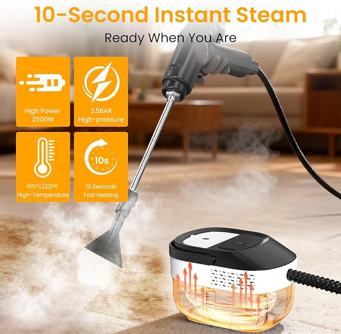 Granarbol Steam Cleaner, 2500W 1.6L Handheld Steamer for Home Car Cleaning | 10s Heat-up, 19pcs Accessories, 3 Levels, Chemical-free Cleaning for Kitchen, Floor, Bathroom, Car Interior, Black & White