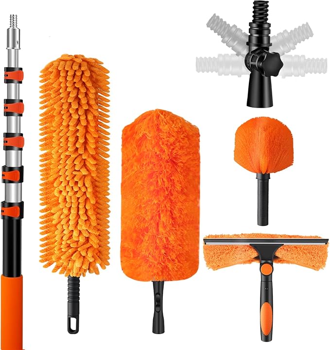 30ft High Reach Duster Kit with Extendable Pole,High Ceiling Duster Kit | Includes–Ceiling Fan Blade Cleaner, Cobweb Remover, Bendable Duster, Microfiber Glass Scrubber&Squeegee(Extension pole:5-24ft