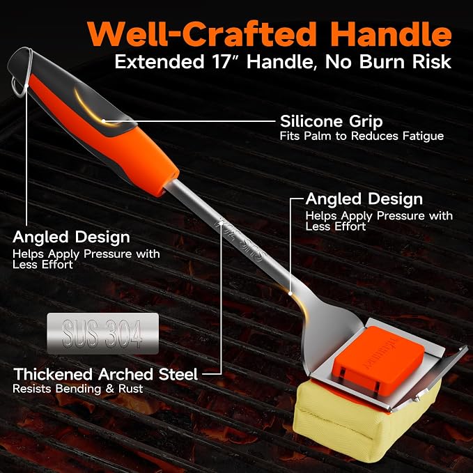Grill Brush Bristle-Free with Scraper, Kevlar Steam BBQ Cleaner, Orange | Non-Metal Bristle, Replaceable Head, 17" Handle, 4-in-1 Scraper, for Porcelain, Ceramic, Stainless Steel, Cast Iron Grate