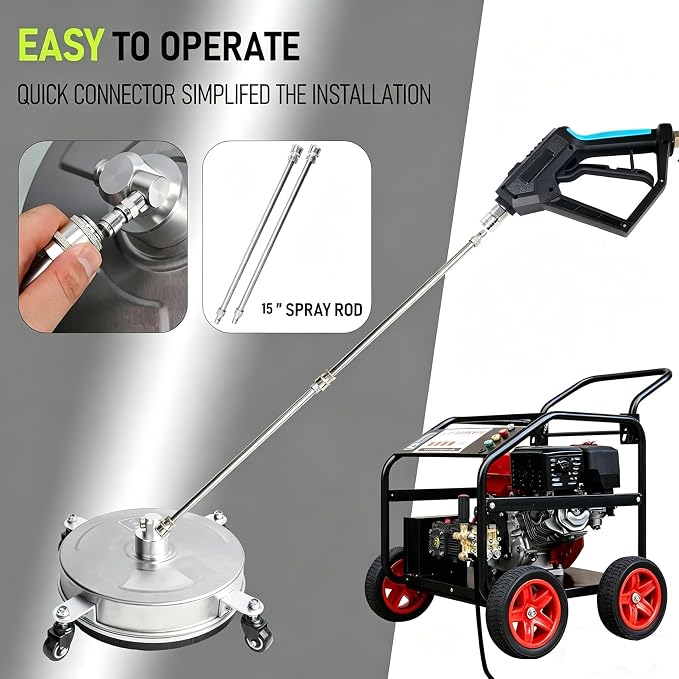 Hourleey 19" Pressure Washer Surface Cleaner, Stainless Steel Surface Cleaner with 4 Wheels for Concrete, Patio, Sidewalk, Deck, Pathway 1/4" Quick Connector, 2 Extension Wand, 4000 PSI