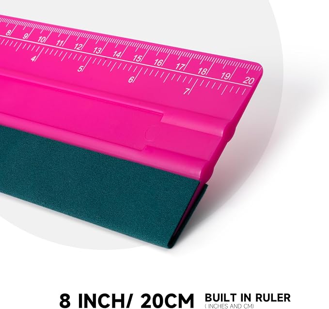 FOSHIO Professional Squeegee for Vinyl, Decals, Sticker Paper, Wallpaper, Window Film, Craft, Suede Felt Squeegee Smoothing Tool with Ruler, Pink (8 inches)