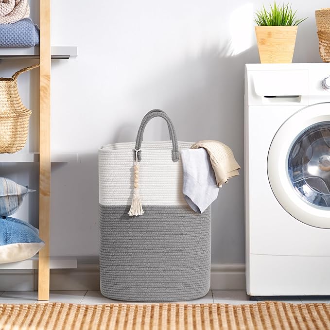 Woven Laundry Basket for Clothes, 80L Large Rectangle Laundry Hampers with Beads Tassel, Nursery Storage Basket for Toys, Tall Dirty Clothes Hamper for Bedroom Aesthetic, Laundry Room Organization