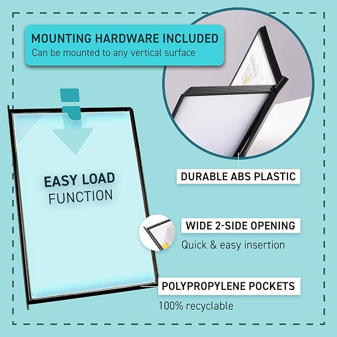Tarifold Wall Mount Reference System, 10 Pockets, Easy-Load Design, Black | 10 double-sided polypropylene pockets, holds 20 letter-size sheets, sturdy wall-mount bracket, quick and easy to install