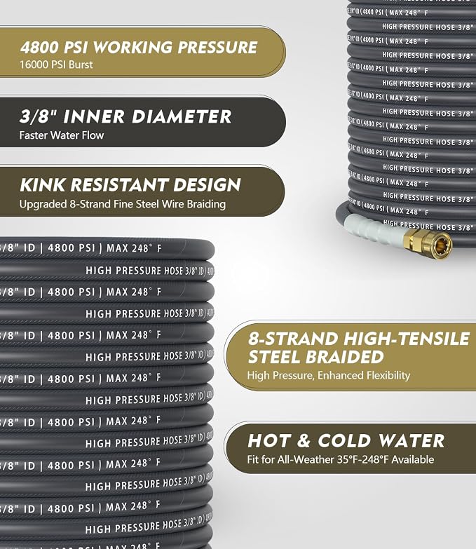 3/8" 4800PSI Pressure Washer Hose 200FT with 360° Swivel Quick Connect, Flexible & Kink Resistant Steel Wire Braided & Durable for Hot/Cold Water, High Power Washer Hose With M22 14mm Adapter