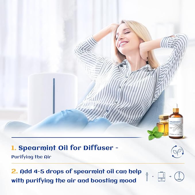 HIQILI Spearmint Essential Oil for Diffuser, Skin & Hair Care | Includes 10ml Travel Bottle, Refreshing Minty Aroma for DIY Lotions, Creams & Aromatherapy - 100ml / 3.38 fl oz