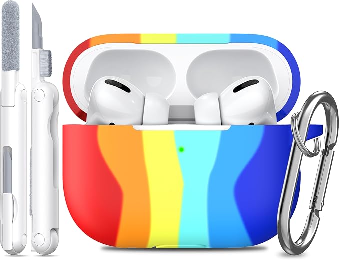 R-fun for AirPods Pro 2 Case, Soft Silicone Protective Cover with Keychain and Cleaning Pen, Compatible with AirPods Pro 2nd/1st Generation, Supports Wireless Charging, Rainbow