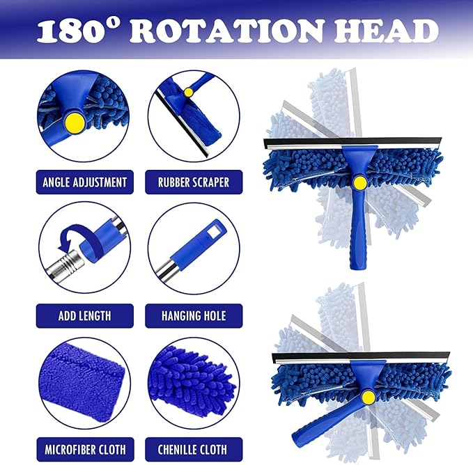 Window Squeegee Cleaner Tool Set,3-in-1 Window Cleaning Kit with 94" Long Extension Pole,Rotatable Bendable Window Washing Kit with 2 Blade 2 Scrubber for Home Car Glass Window Cleaning (11Pcs,Blue)