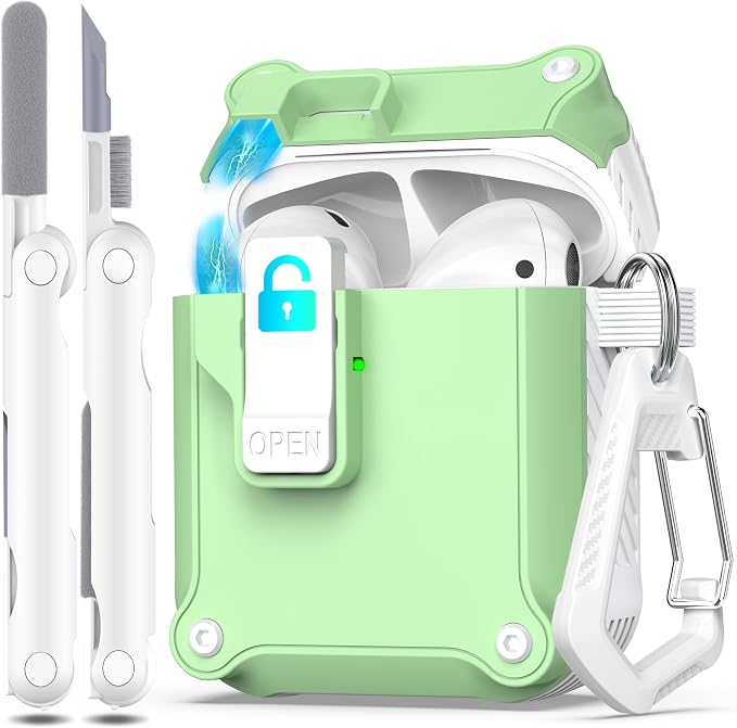 R-FUN for AirPods 2 Case Cover with Lock Magnetic Lid, White/Avocado | Compatible with Apple AirPods 2 and AirPods(2016), Case with Cleaner Kit & Keychain, Powerful Drop Protection