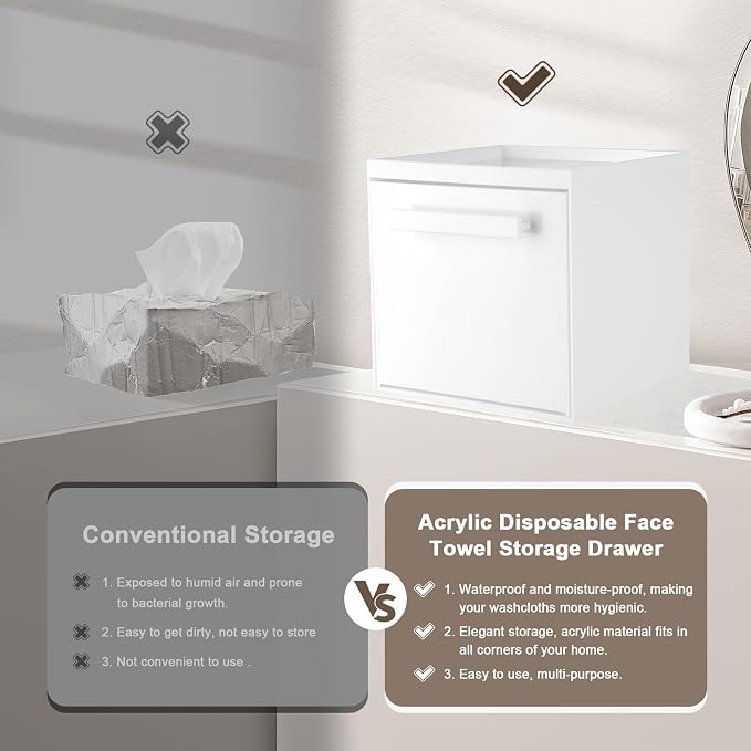 Disposable Face Towel Storage Box Compatible with Clean Skin Club Clean Towel XL Acrylic Facial Towels Holder with Drawer Wall-Mounted Makeup Organizer for Vanity, Bathroom (Glossy White) | Premium Thicken Acrylic | Compatible with Clean Skin Club Towe...
