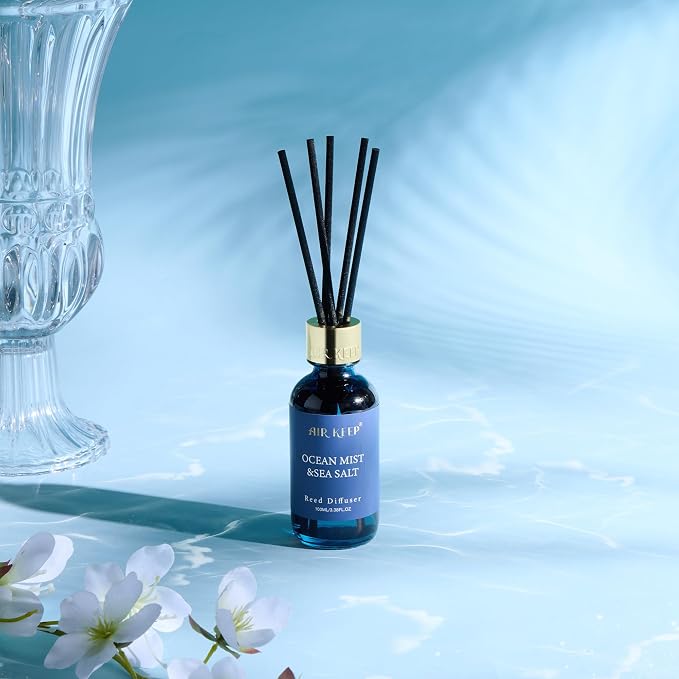 Reed Diffuser Set, 3.38 fl oz (100 ml) - Ocean Mist&Sea Salt Oil Diffusers with 8 Reed Sticks, Home Fragrance Reed Diffuser for Bathroom Shelf Decor