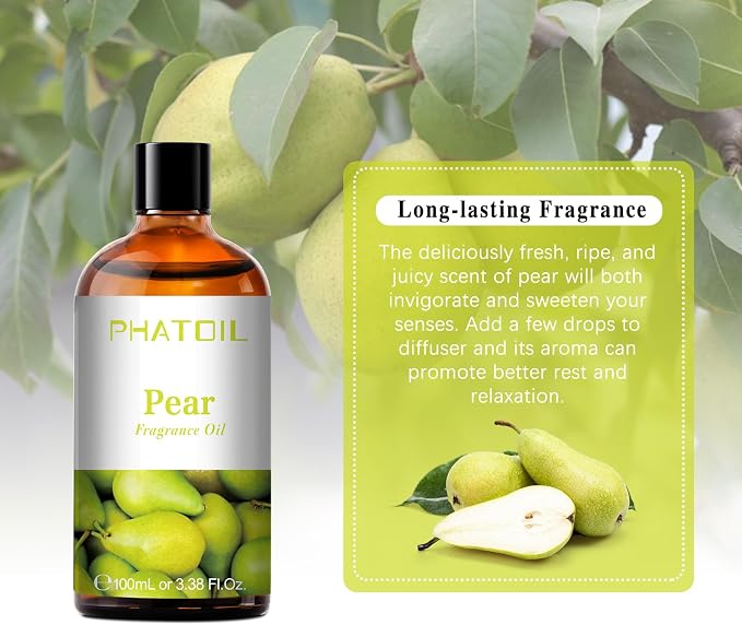 PHATOIL Pear Fragrance Oil for Diffuser Aromatherapy 3.38FL.OZ | Long Lasting Scented Oils For Humidifier, Air Freshener, DIY Soap Candle, Scent Project Making, Aroma Oil for Home Freshening