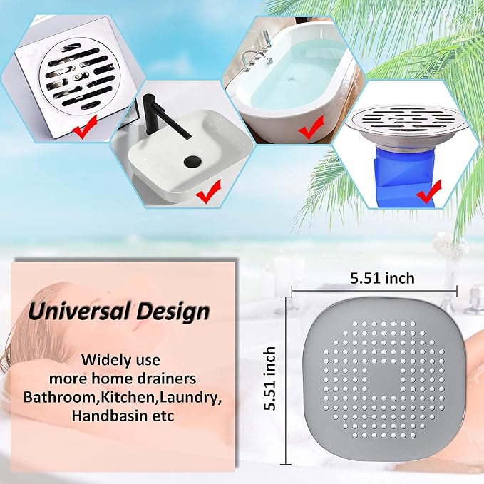 Bovinde Hair Drain Catcher,Square Cover for Shower 4 Pack (Aluminium Grey) | Drainer Cover Silicone Hair Stopper with Suction Cups,Protector Accessories,Easy to Install Suit for Bathroom,Bathtub,Sink