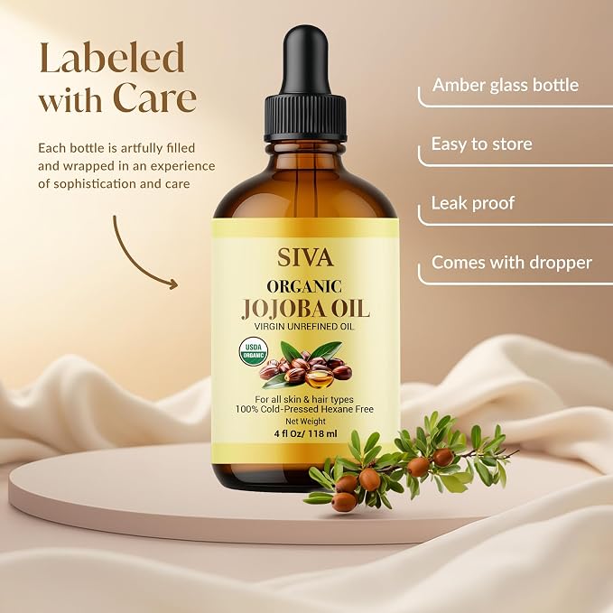 SIVA ORGANICS Jojoba Carrier Oil with Dropper, 4 Fl Oz (118 ml) | Jojoba Oil for Skin Care, Facial Oil, Hair Care, Scalp Massage, Nail Care, Body Massage & DIY Beauty Blends, Glass Bottle