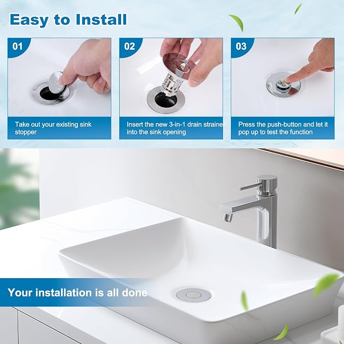 Hibbent 2 Pack Universal Bathroom Sink Drain Strainer, 3 in 1 Pop Up Stopper with Removable Stainless Steel Filter Basket, Brass Bullet Core, Hair Catcher Sink Plug for 1.1''~2.36'' Hole, Chrome