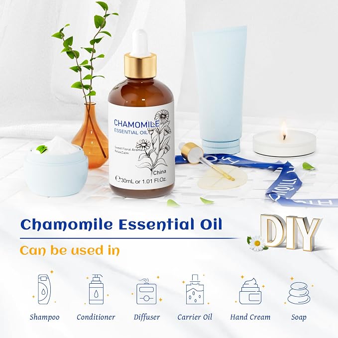 HIQILI Chamomile Essential Oil for Diffuser, Skin & Soap | Can be added to shampoo for daily personal care use – 30mL / 1.01 fl.oz