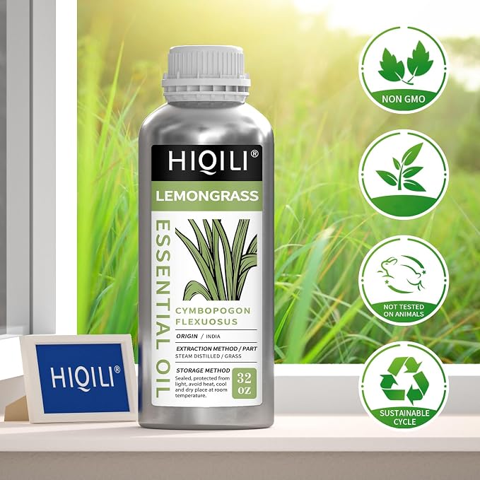 HIQILI Lemongrass Essential Oil Large Capacity for Body Massage | Crisp Herb Scent for Diffuser, DIY Blends, SPA, Scent Spray, Skin Blends, Shampoo & Lotion - 1000 mL / 32 fl oz