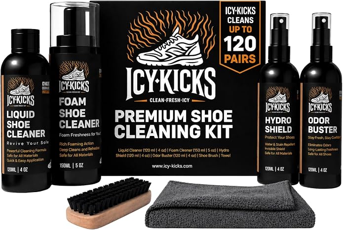 ICYKICKS Premium 6-in-1 Sneaker & Shoe Cleaning Kit – Foam Cleaner, Water-Repellent, Odor Eliminator, Brush & Microfiber Towel – Safe for Leather, Suede, Canvas – Deep Clean Sneakers Fast