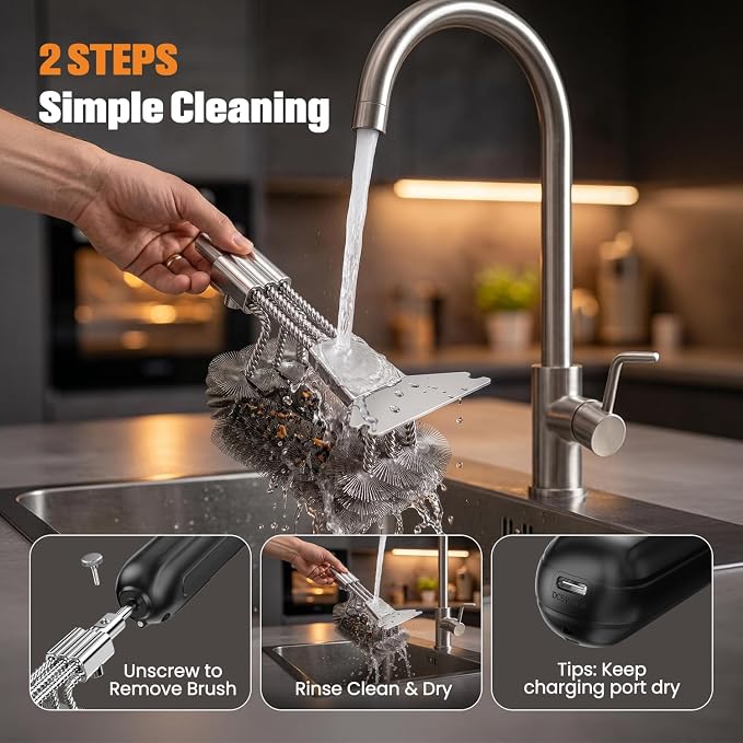 Electric Grill Brush with Scraper, 20kg High-Torque Power BBQ Grill Cleaner, Dual Mode (Auto/Manual), 2-Speed Rechargeable, LED Light, Reaches Grill Grate Sides & Corners, Gift for Dad/Men