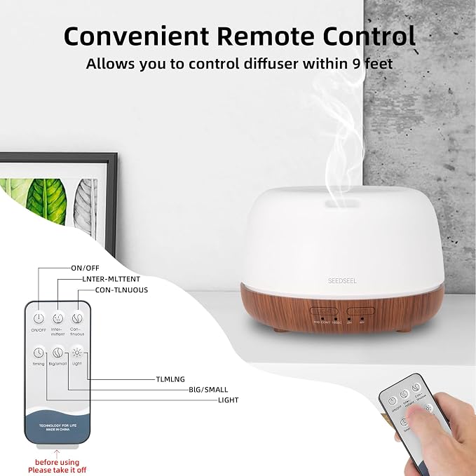 SEEDSEEL 300ML Essential Oil Diffuser, Mini Aromatherapy Diffuser with Remote Control, 7 Color Changing LED Light, 4 Timer for Bedroom, Room, Office
