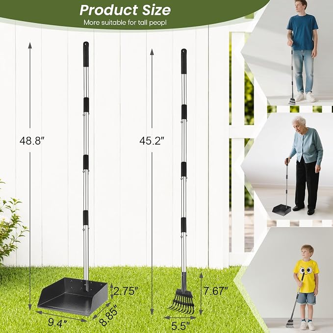 T2Y Dog Pooper Scooper for Multi-Dog Family, Long Handle Rake & Large Tray | 48" Tall No-Bend | 9.4'' Large Tray | Stainless Steel | Adjustable | Works on Grass, Gravel & Dirt | Easy to Install