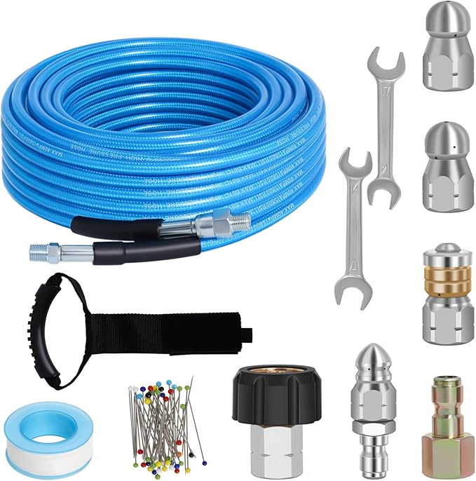50FT Sewer Jetter Kit for Pressure Washer 5800PSI Drain Cleaner | 1/4" NPT Drain Cleaning Hose with 4 Jetting Nozzles, Handle Strap and Tools for Pressure Washer Cleaning
